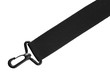 Black belt rope strap lanyard, hanging plastic clasp snap latch hook carabiner, isolated macro closeup, horizontal