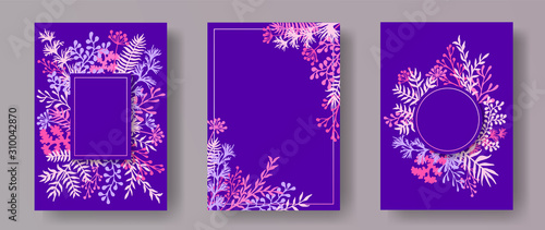 Tropical herb twigs, tree branches, leaves floral invitation cards collection...