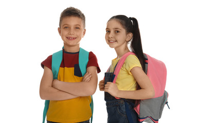 Poster - Little school children with backpacks on white background