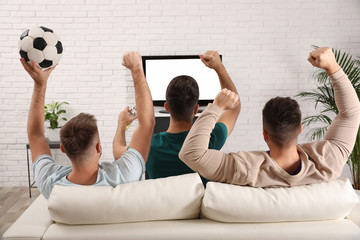 Wall Mural - Group of friends watching football at home, back view