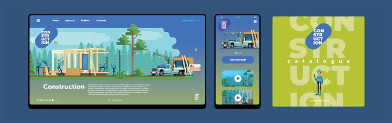 Wall Mural - vector flat illustration - country house construction, builders and pickup, inside the site template