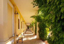 Slovakia, Piestany, Spa Piestany, Porch At Napoleon Bath Hotel Thermia Palace