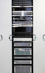 network server panel, switch and patch cord cable in data center.