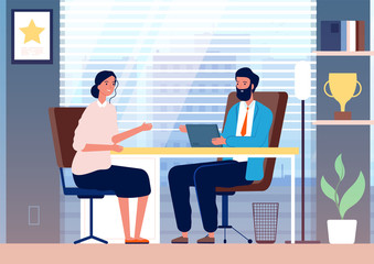 Sticker - Woman interview. Female business girl employment recruiting in office boss sitting vector character. Illustration boss in office and employee female