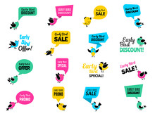 Early Birds Badges. Advertizing Discount Labels Special Business Offers Vector Birds Set. Illustration Early Bird Discount Offer, Business Promotion