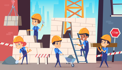 Poster - Little builders. Boys funny making professional job construction helmet vector background. Builder worker professional, character person foreman illustration