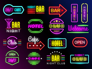 Wall Mural - neon glow hotel. night advertising retro signboards new york or vegas style vintage frames club bann