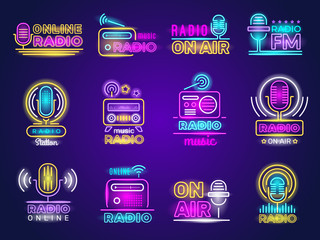 Wall Mural - radio neon. broadcasting glow effect colored logo music show studio emblem live transmission vector.