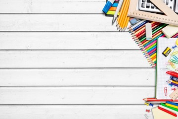 Sticker - Assortment of school supplies on desk