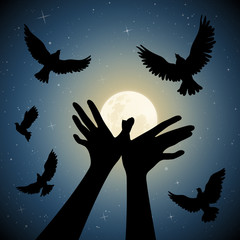 Canvas Print - Bird shaped hands on moonlit night. Romantic vector illustration with hand gesture silhouette and flock of pigeons on starry background. Full moon in starry sky