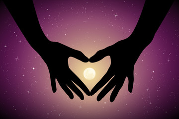 Canvas Print - heart shaped hands on moonlit night. romantic vector illustration with hand gesture silhouette on st