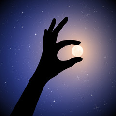 Canvas Print - Hand holding Moon on starry background. Vector illustration with hand gesture silhouette and Earth satellite on moonlit night. Full moon in starry sky