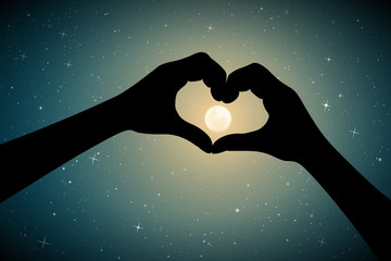 Canvas Print - heart shaped hands on moonlit night. romantic vector illustration with hand gesture silhouette on st