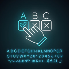 Poster - Choosing option neon light icon. Pick checkmark. Selecting answer. Online survey. Click button. Voting, questionnaire. Glowing sign with alphabet, numbers and symbols. Vector isolated illustration