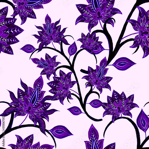 Watercolor seamless pattern with paisley flowers in ethnic style. Floral deco...