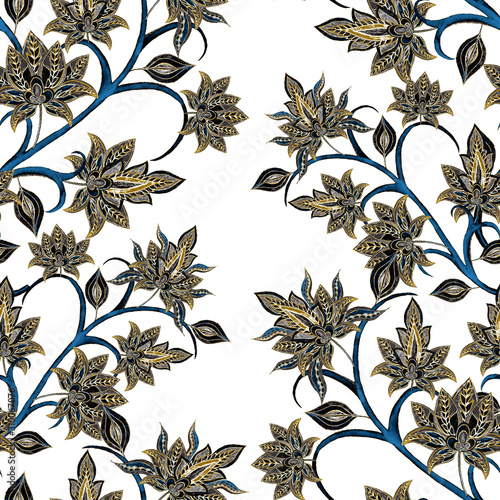 Watercolor seamless pattern with paisley flowers in ethnic style. Floral deco...