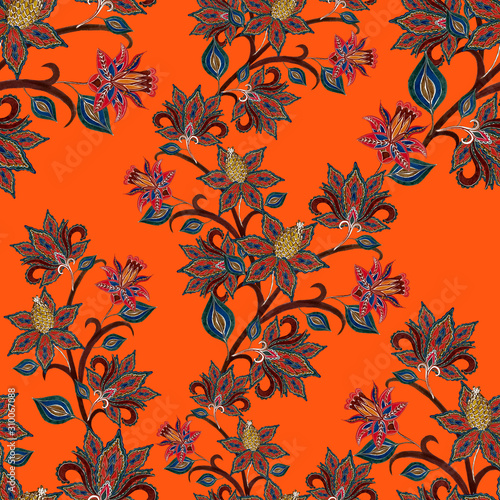 Watercolor seamless pattern with paisley flowers in ethnic style. Floral deco...