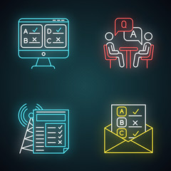 Canvas Print - Survey methods neon light icons set. Online, email, internet connection poll. Interview. Public opinion. Customer review. Feedback. Data collection. Glowing signs. Vector isolated illustrations