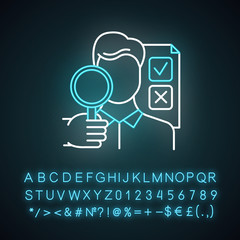 Sticker - Survey interviewer neon light icon. Face-to-face interview. Human-assisted poll. Public opinion polling. Expert survey. Glowing sign with alphabet, numbers and symbols. Vector isolated illustration