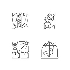 Canvas Print - Bible narratives linear icons set. Resurrected Lazarus, Virgin Mary with son Jesus, gifts of the magi, pigeon in cage. Thin line contour symbols. Isolated vector outline illustrations. Editable stroke