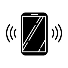 Sticker - Ringing smartphone glyph icon. Mobile voice control. Sound command. Loud volume, audio frequency. Phone call, vibro signal. Silhouette symbol. Negative space. Vector isolated illustration