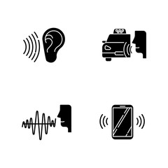 Poster - Speech recognizing glyph icons set. Voice control. Soundwave, voice command, cab order. Interactive response system. Talk and listen. Silhouette symbols. Vector isolated illustration