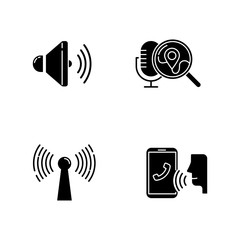 Wall Mural - Voice control apps glyph icons set. Mobile voice commands. Sound recorder, smart devices, search request. Innovative wireless technology. Silhouette symbols. Vector isolated illustration