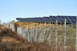 green energy. solar panel field in the winter sun behind a fence. alternate energy. photovoltaic, blue sky, germany 