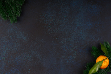 tangerines with leaves on a dark blue background. top view, flat style, place for text