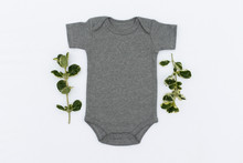 Gender Neutral Blank Gray Baby Bodysuit Baby Grow On A White Background With Green Leafy Branches On Each Side - Baby Clothes Mockup
