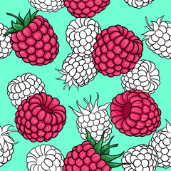 Wall Mural - seamless pattern pink, black and white raspberries , symbol of summer. design holiday greeting card and invitation of seasonal summer holidays, beach parties, tourism and travel