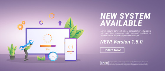 Updating system concept. The process of upgrading to System Update, replacing newer versions. Suitable for web landing page, marketing, advertising, promotion, banner. Vector illustration