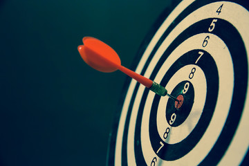 Red dart arrow hitting in the center of bullseye for Business focus concept.