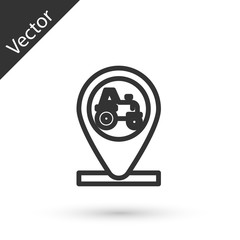 grey line tractor and location icon isolated on white background. vector illustration