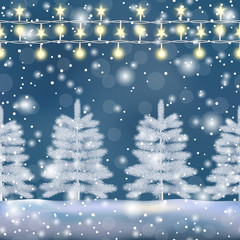 Wall Mural - Winter landscape with fir trees, lights and snowflakes seamless border