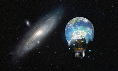Poster - Light bulb with world inside and global warming isolated on black 