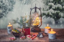 Christmas Still Life With Candle  On Winter Background