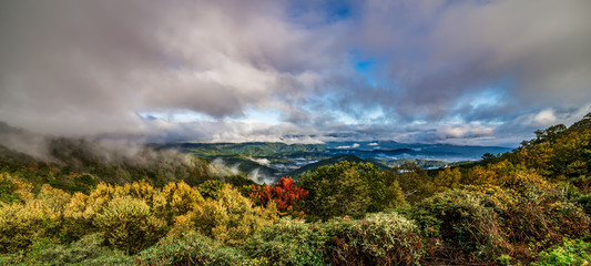 early morning autumn foggy photo at blue ridge parkway north carolina