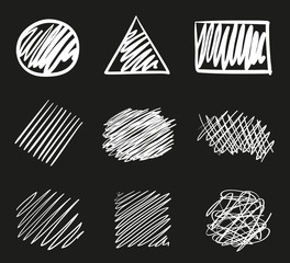 Wall Mural - Hand drawn abstract geometric shapes on black. Grungy backgrounds with array of lines. Stroke chaotic patterns. Black and white illustration. Sketchy elements for design