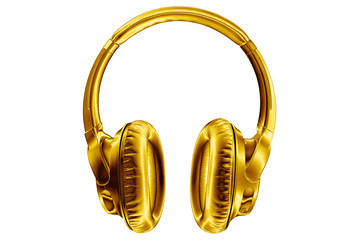 Golden shiny wireless headphones on white background isolated closeup, expensive gold metal bluetooth headset, modern high end wi-fi yellow earphones, audio music symbol, stereo sound electronics sign