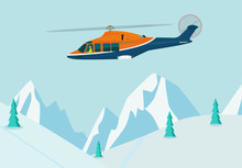 Helicopter With Pilot Flies Over Snow-capped Mountains. Vector Flat Style Illustration.
