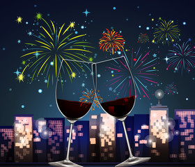 Wall Mural - Background with two glasses of champagne and fireworks