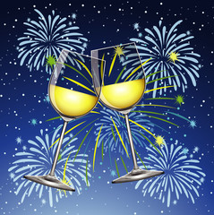 Wall Mural - Background with two glasses of champagne and fireworks