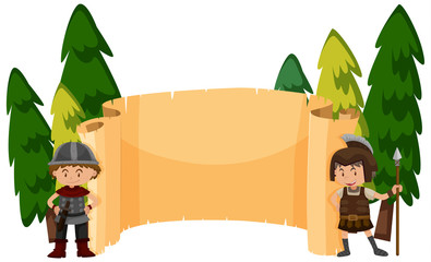 Poster - Frame template with happy two knights and pine trees