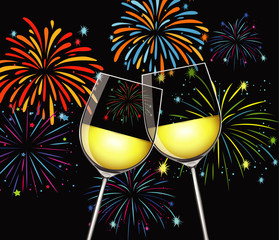 Wall Mural - Background with two glasses of champagne and fireworks