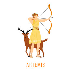 Wall Mural - Artemis flat vector illustration. Ancient Greek deity. Goddess of Moon, hunt and archery. Mythology. Divine mythological figure. Isolated cartoon character on white background