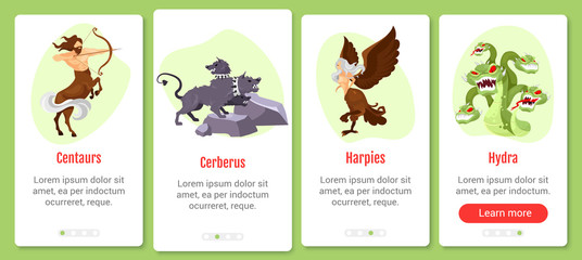 Wall Mural - greek mythology onboarding mobile app screen vector template. fantastical creatures and beasts. walk