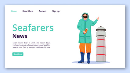 Wall Mural - Seafarers news landing page vector template. Lighthouse keeper website interface idea with flat illustrations. Newsletter homepage layout. News publication web banner, webpage cartoon concept