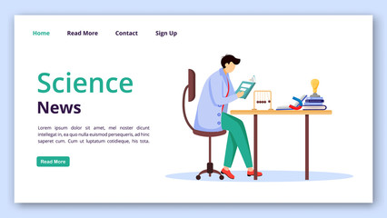 Wall Mural - Science news landing page vector template. Reading researches website interface idea with flat illustrations. Physics discoveries homepage layout, web banner, webpage cartoon concept