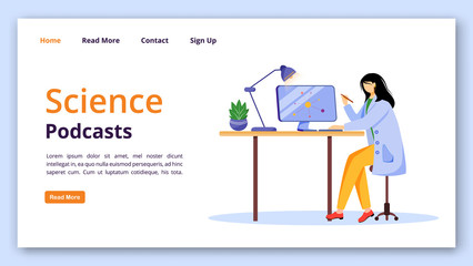 Wall Mural - Science podcasts landing page vector template. Girl in lab coat using computer website interface with flat illustrations. Modern learning technology homepage layout, banner, webpage cartoon concept